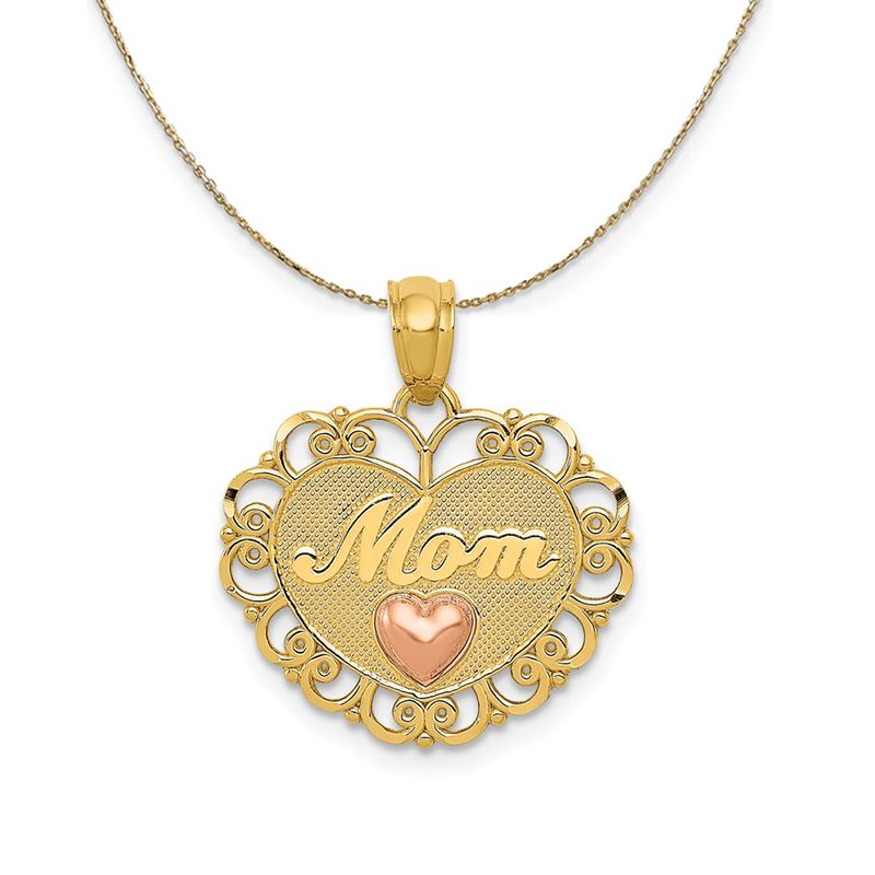 14k Two Tone Gold Mom Scroll Heart Necklace - 20 Inch